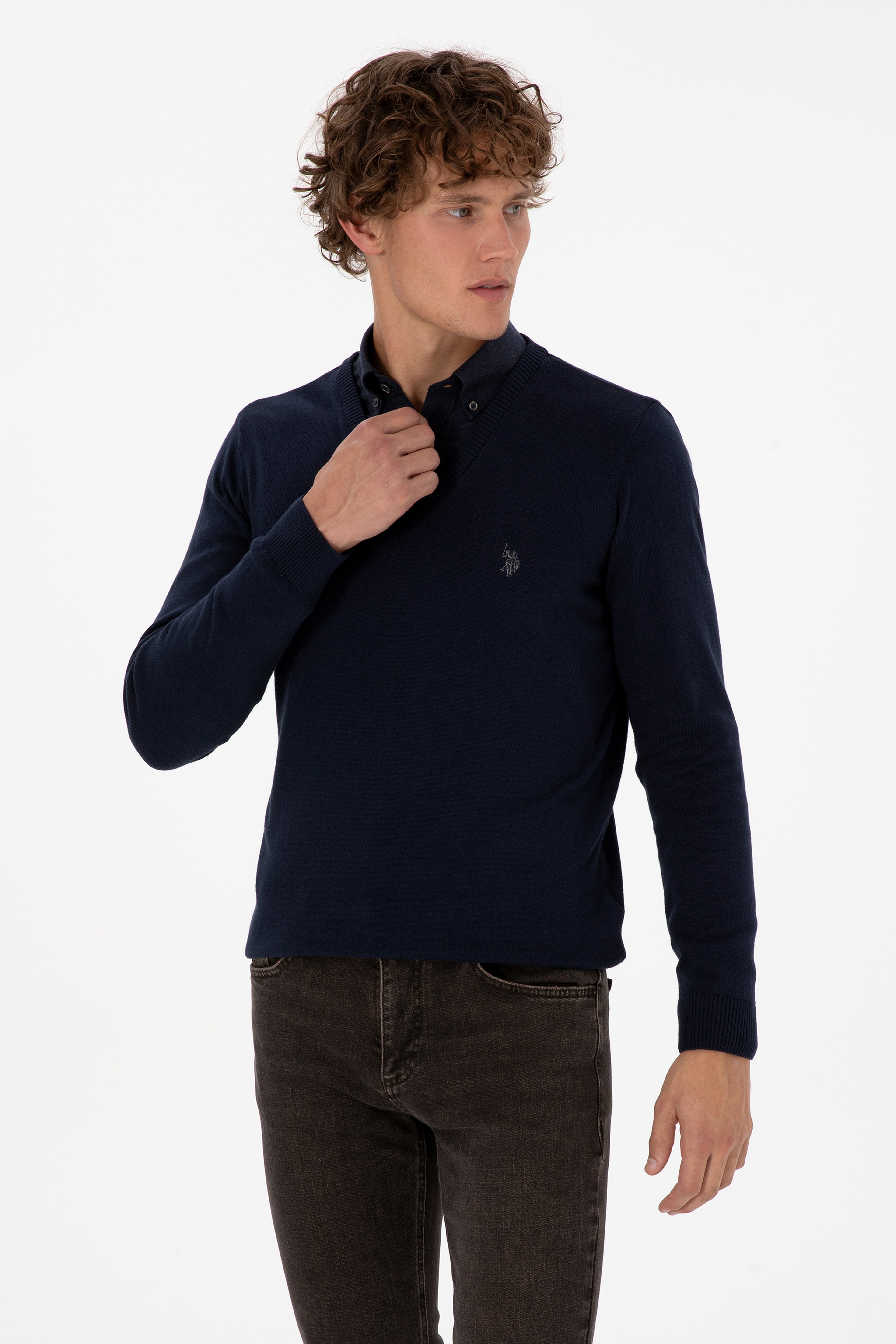 Erkek Slim Fit V Yaka Lacivert Basic Triko Kazak - Image 3
