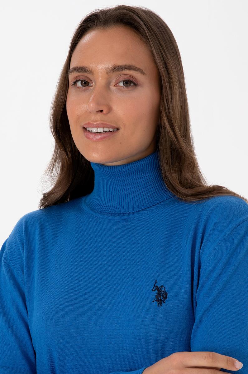 Kadın Mavi Boğazlı Basic Kazak