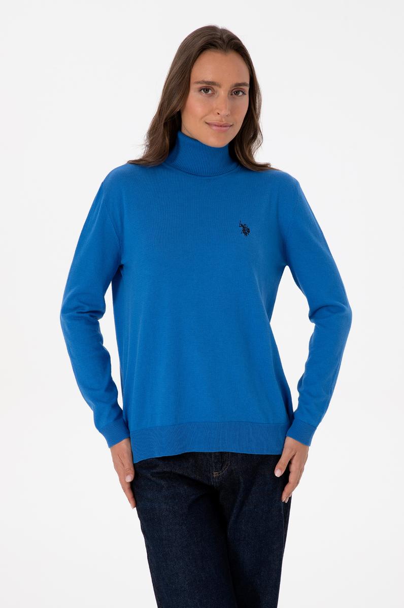 Kadın Mavi Boğazlı Basic Kazak