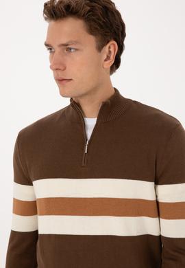 Erkek Regular Fit Yarım Fermuarlı Kahverengi Kazak - 50315034035