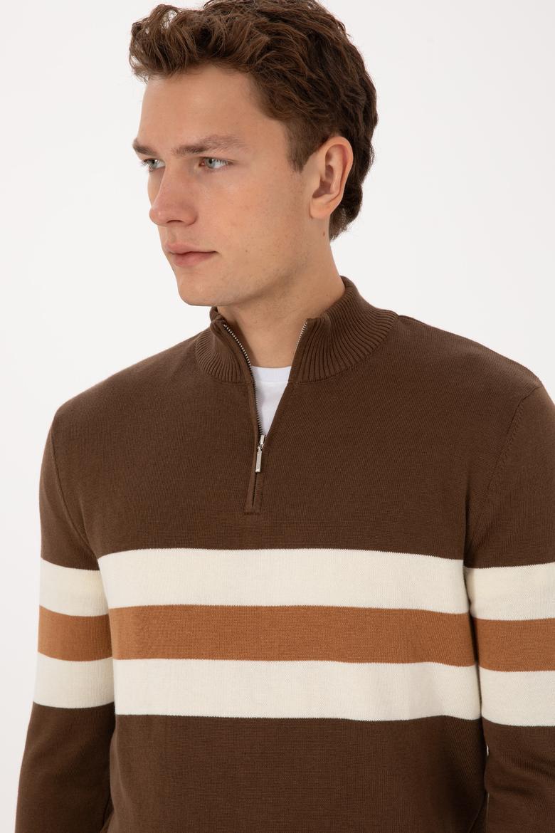 Erkek Regular Fit Yarım Fermuarlı Kahverengi Kazak - 50315034035