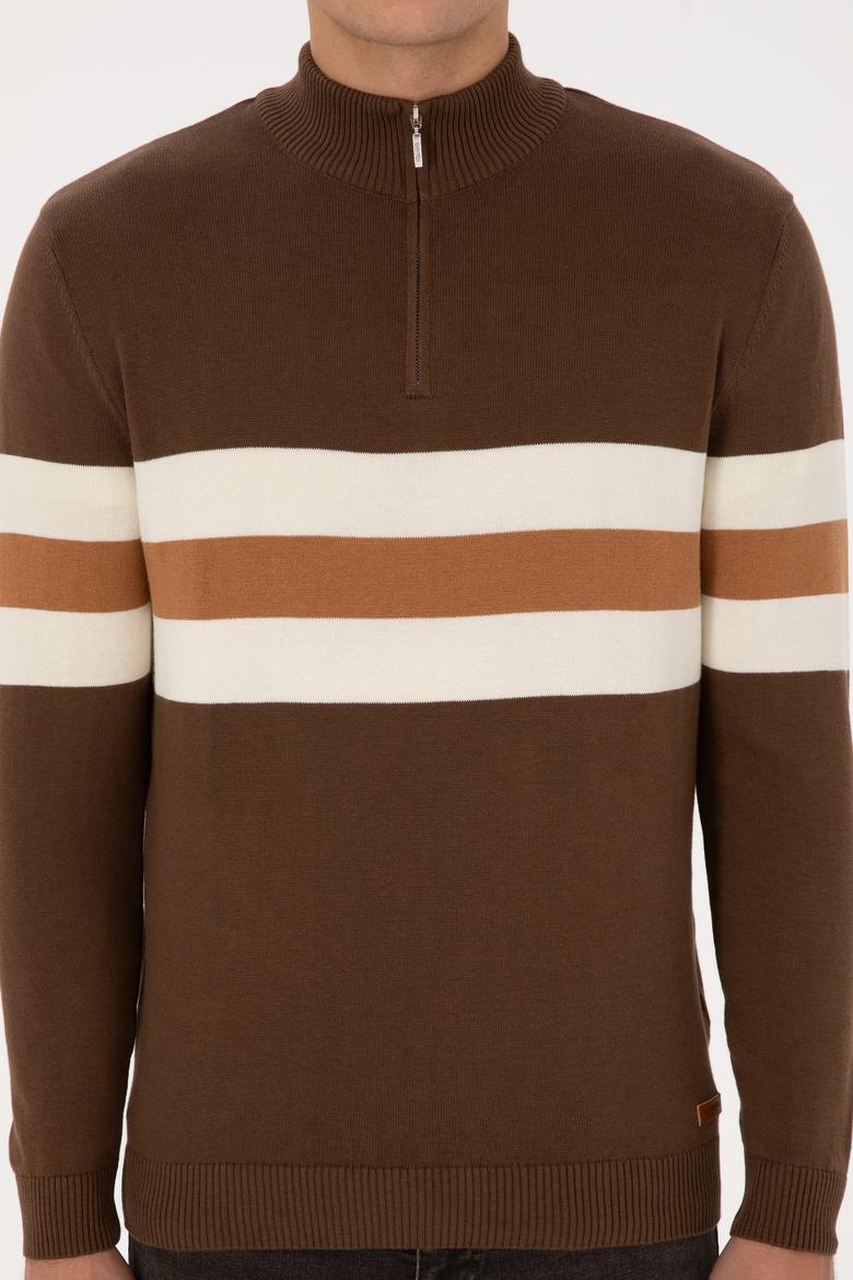 Erkek Regular Fit Yarım Fermuarlı Kahverengi Kazak - 50315034035