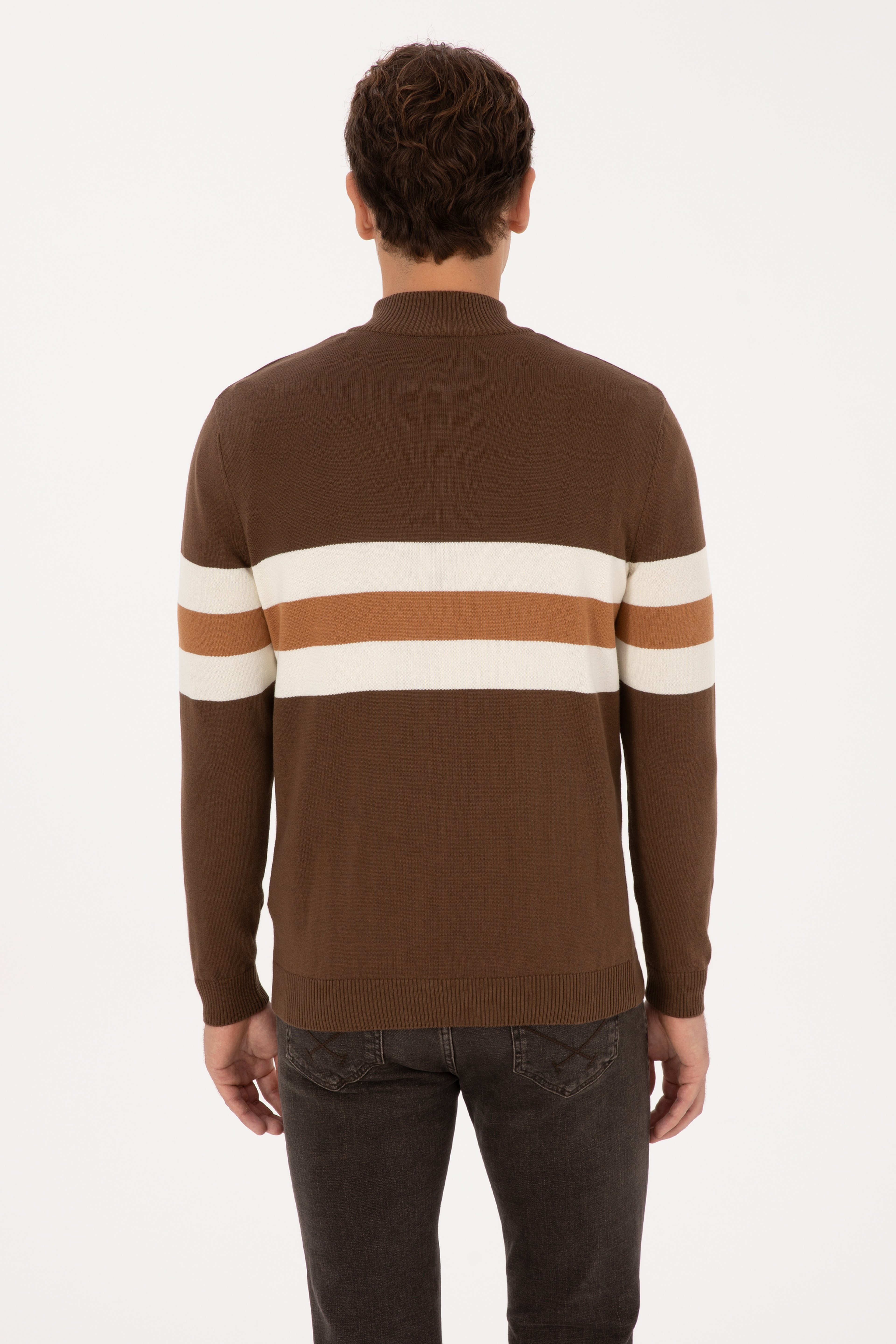 Erkek Regular Fit Yarım Fermuarlı Kahverengi Kazak - Image 5