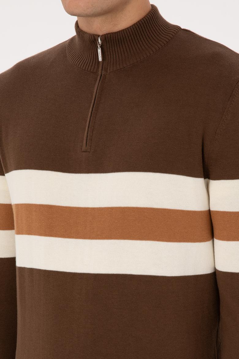 Erkek Regular Fit Yarım Fermuarlı Kahverengi Kazak - 50315034035