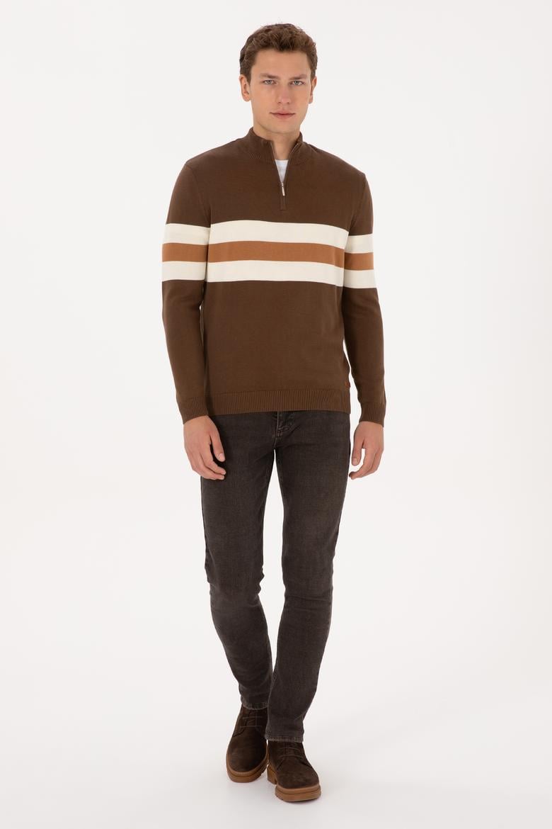 Erkek Regular Fit Yarım Fermuarlı Kahverengi Kazak - 50315034035