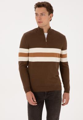 Erkek Regular Fit Yarım Fermuarlı Kahverengi Kazak - 50315034035