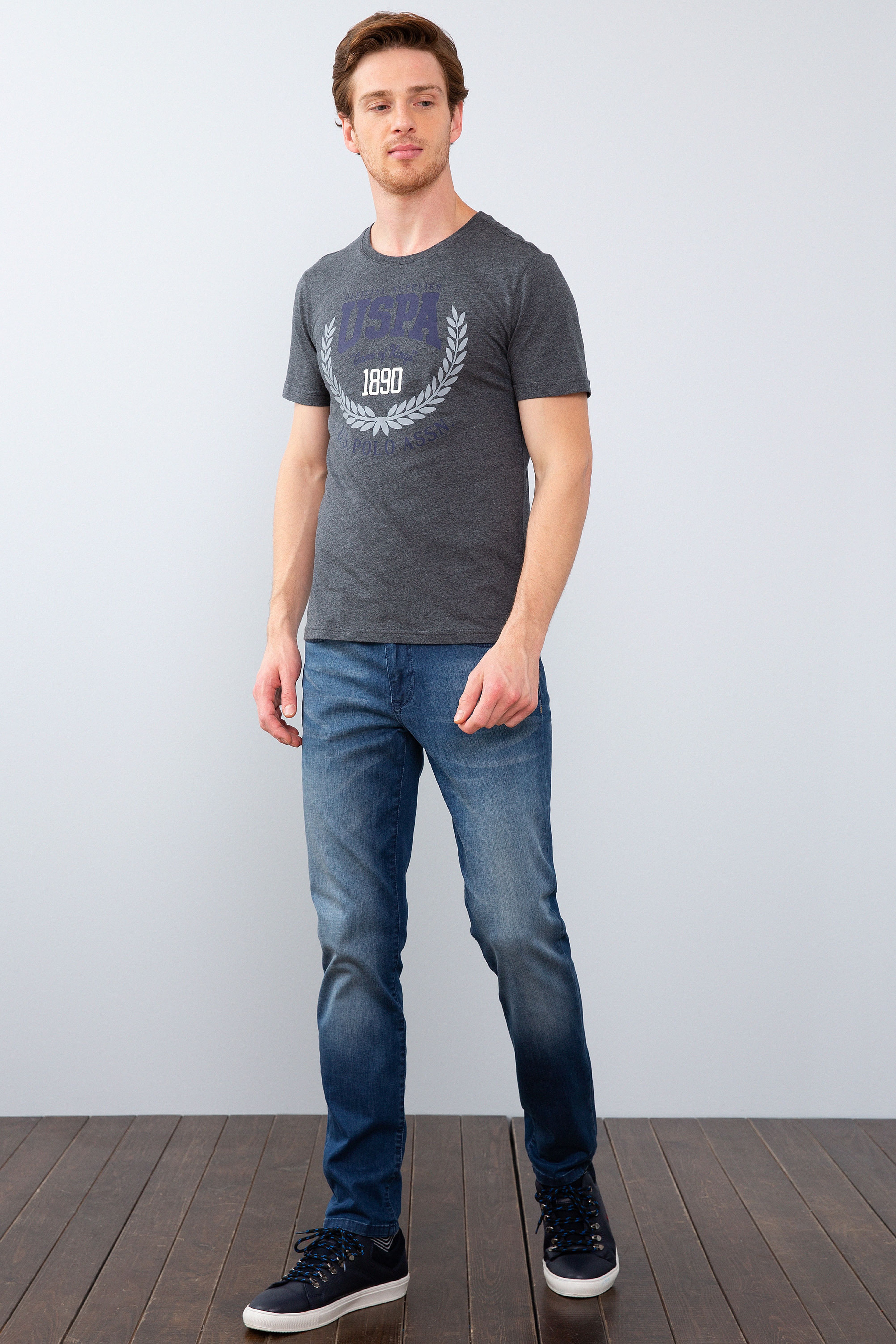 Erkek Koyu Gri Melanj Bisiklet Yaka T-Shirt