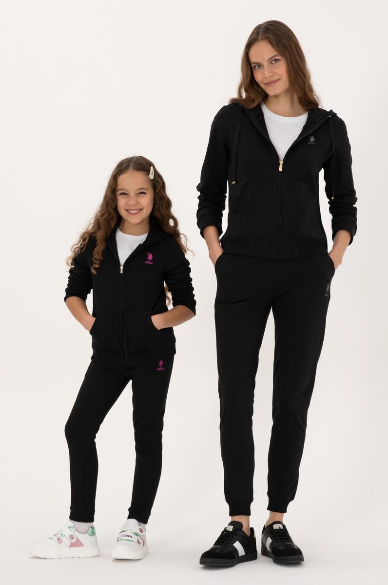 Kız Çocuk Siyah Kapüşonlu Fermuarlı Şardonlu Basic Sweatshirt