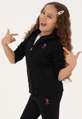 Kız Çocuk Siyah Kapüşonlu Fermuarlı Şardonlu Basic Sweatshirt - 50316809021