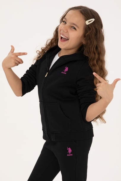 Kız Çocuk Siyah Kapüşonlu Fermuarlı Şardonlu Basic Sweatshirt