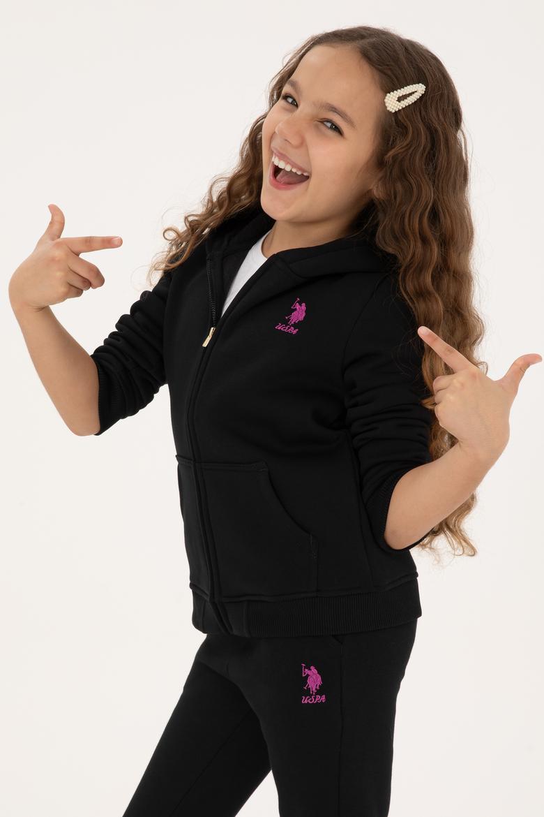 Kız Çocuk Siyah Kapüşonlu Fermuarlı Şardonlu Basic Sweatshirt - 50316809021