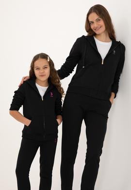 Kız Çocuk Siyah Kapüşonlu Fermuarlı Şardonlu Basic Sweatshirt - 50316809021