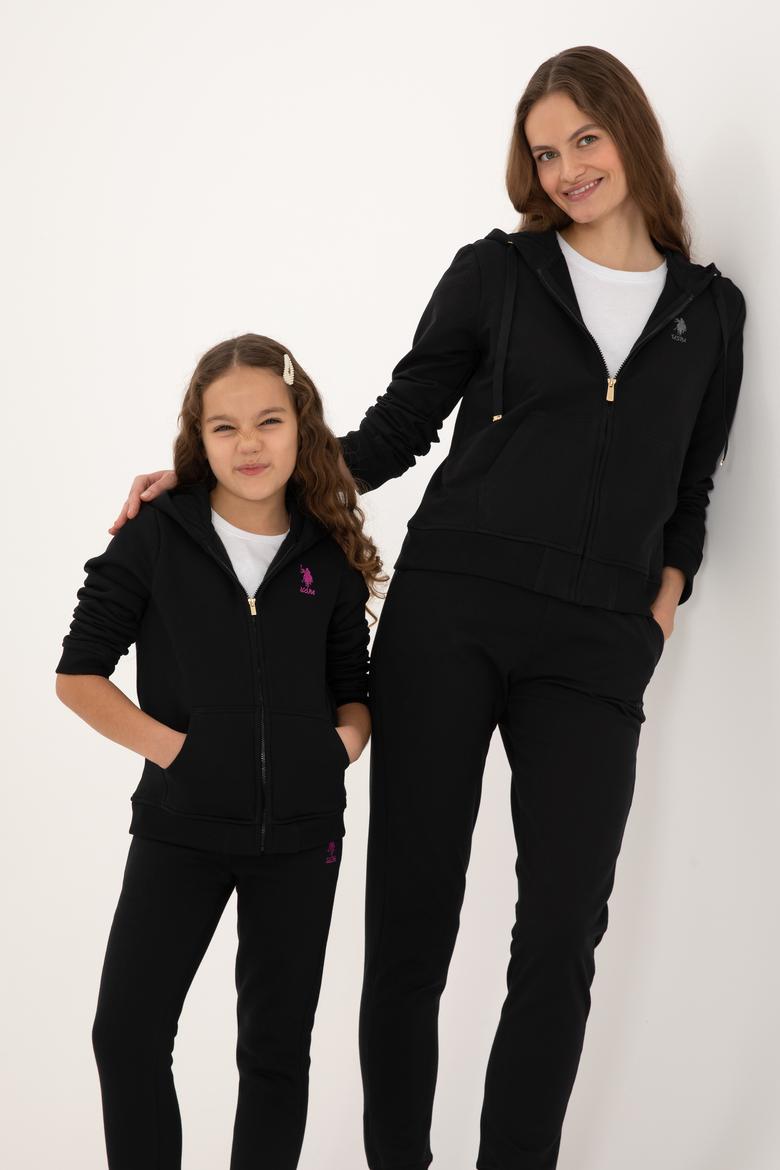 Kız Çocuk Siyah Kapüşonlu Fermuarlı Şardonlu Basic Sweatshirt - 50316809021