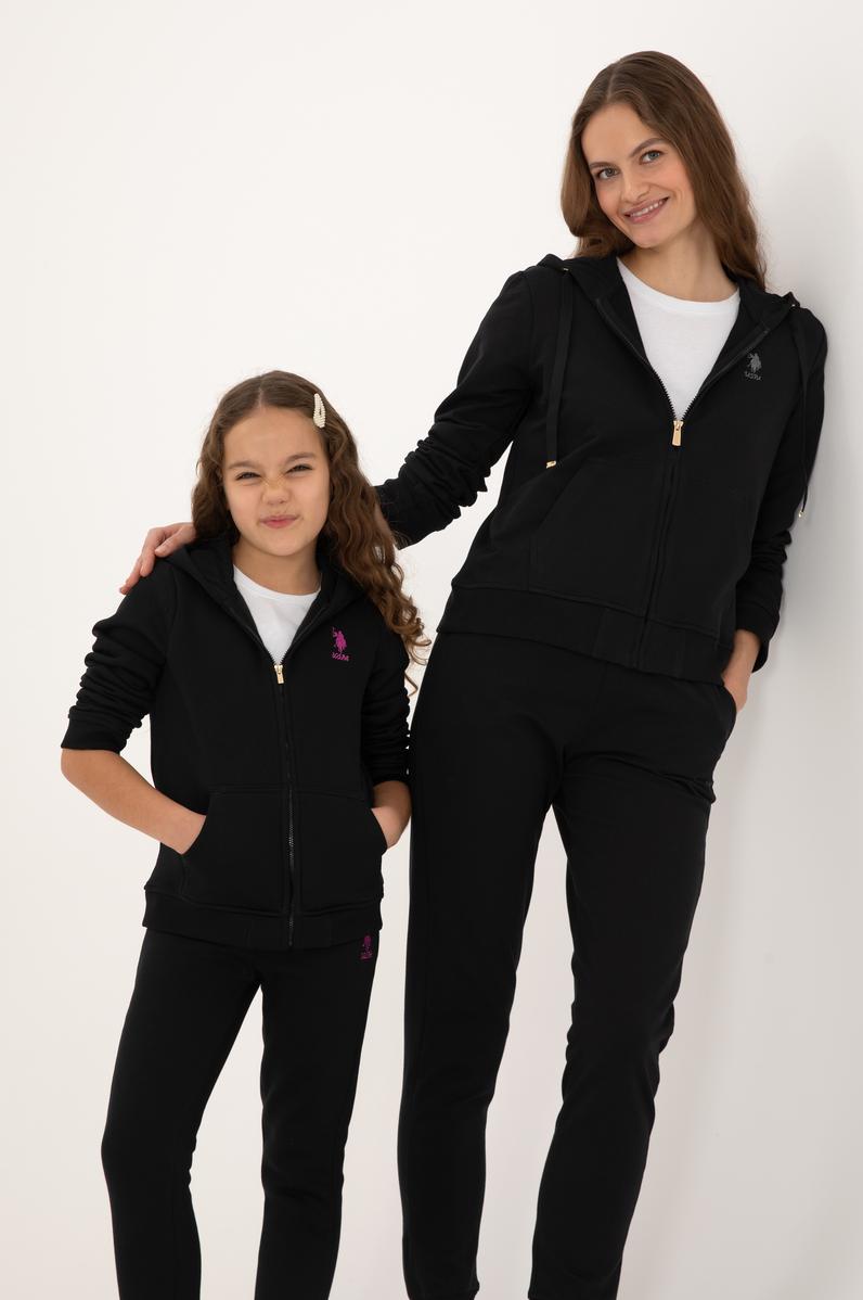 Kız Çocuk Siyah Kapüşonlu Fermuarlı Şardonlu Basic Sweatshirt