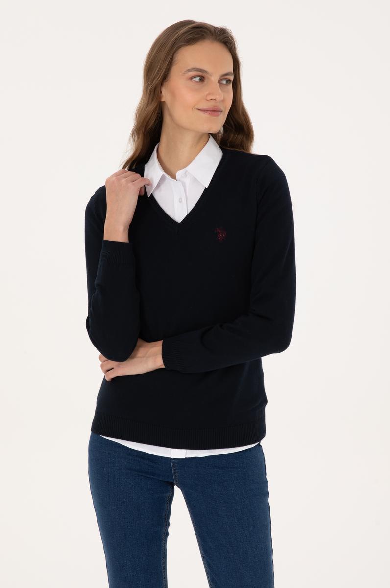 Kadın Lacivert V Yaka Basic Kazak