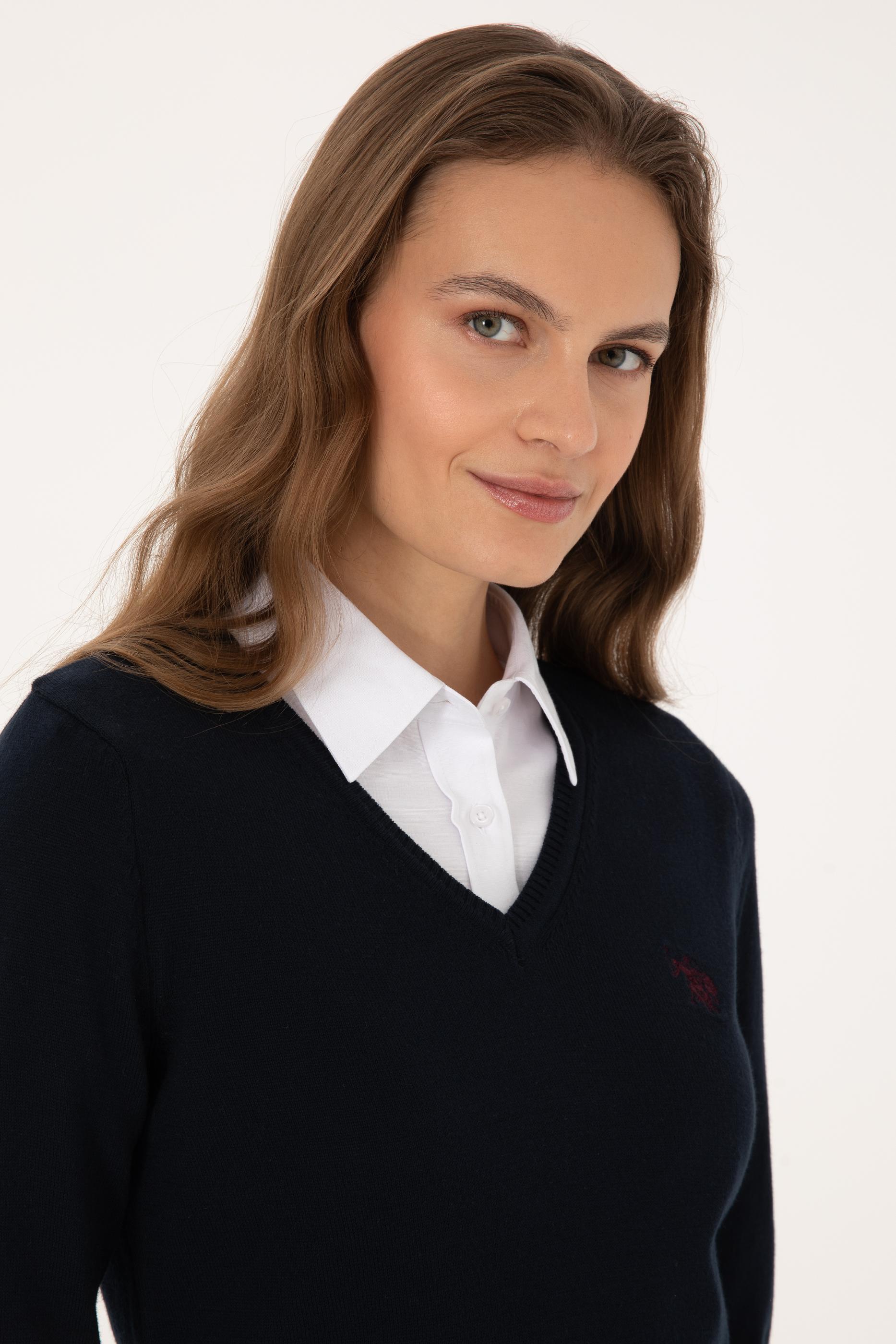 Kadın Lacivert V Yaka Basic Kazak