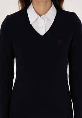 Kadın Lacivert V Yaka Basic Kazak - 50313590018