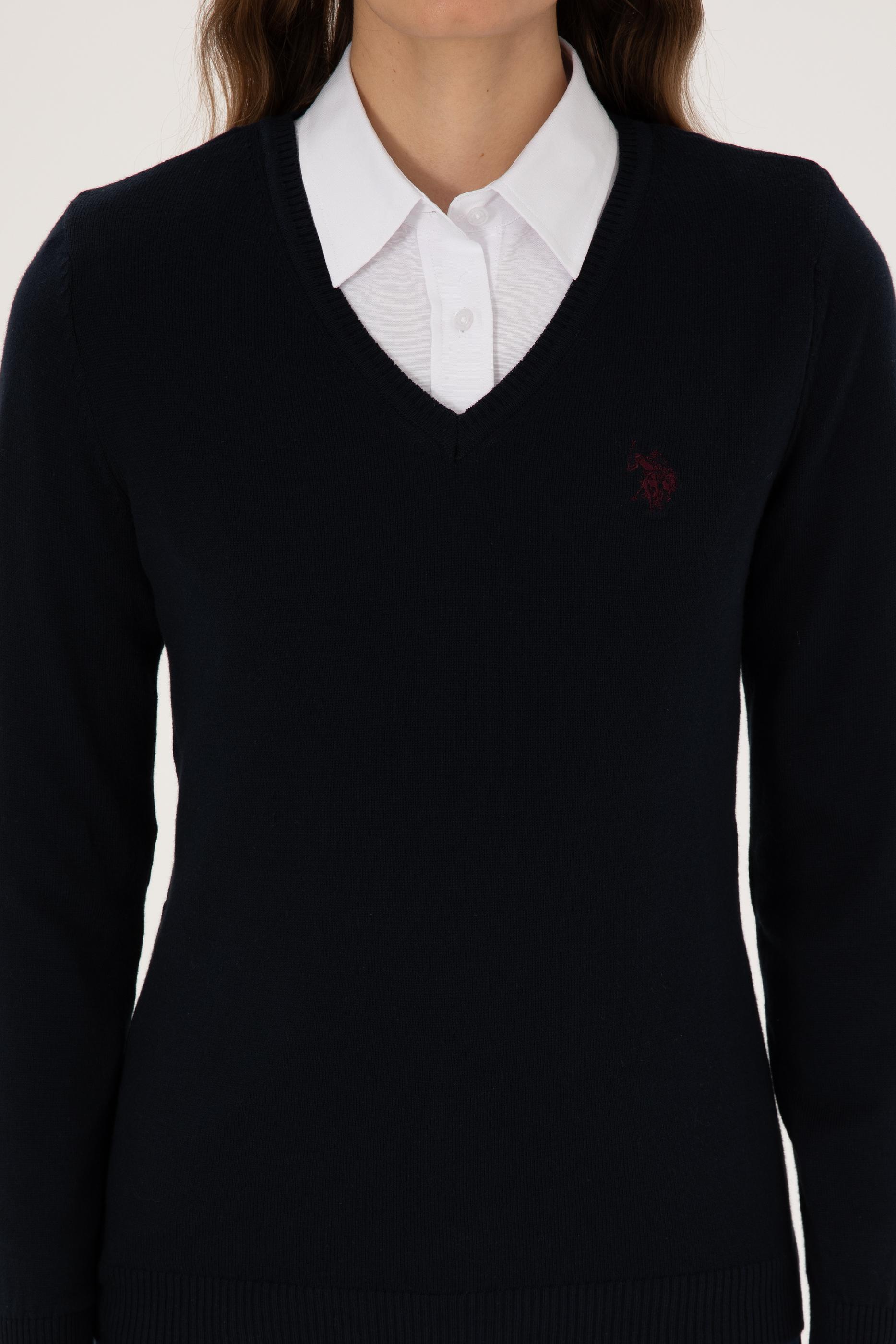 Kadın Lacivert V Yaka Basic Kazak