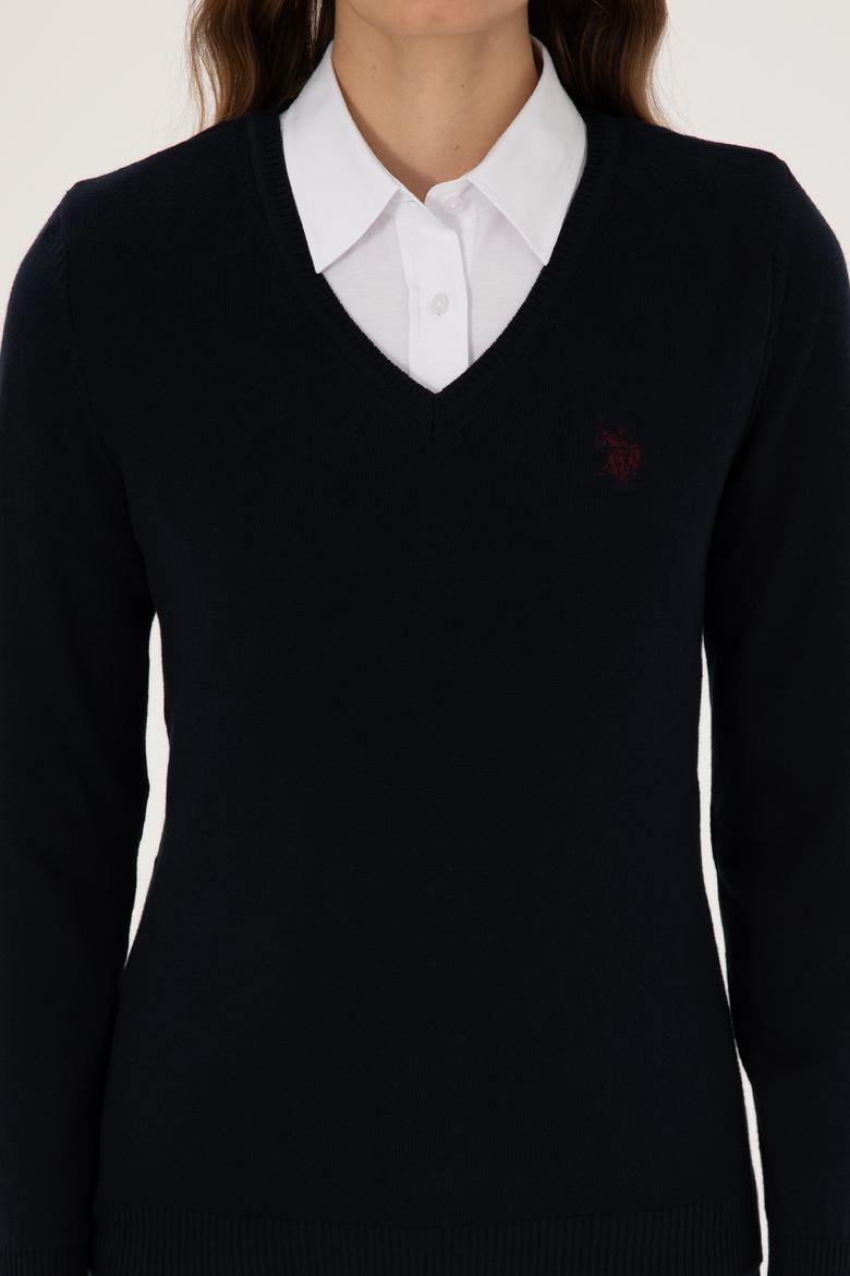 Kadın Lacivert V Yaka Basic Kazak - 50313590018