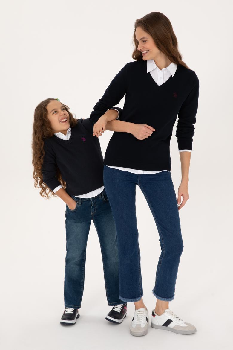 Kadın Lacivert V Yaka Basic Kazak - 50313590018