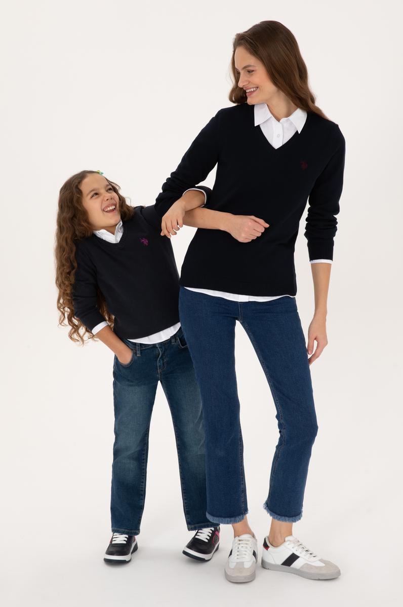 Kadın Lacivert V Yaka Basic Kazak