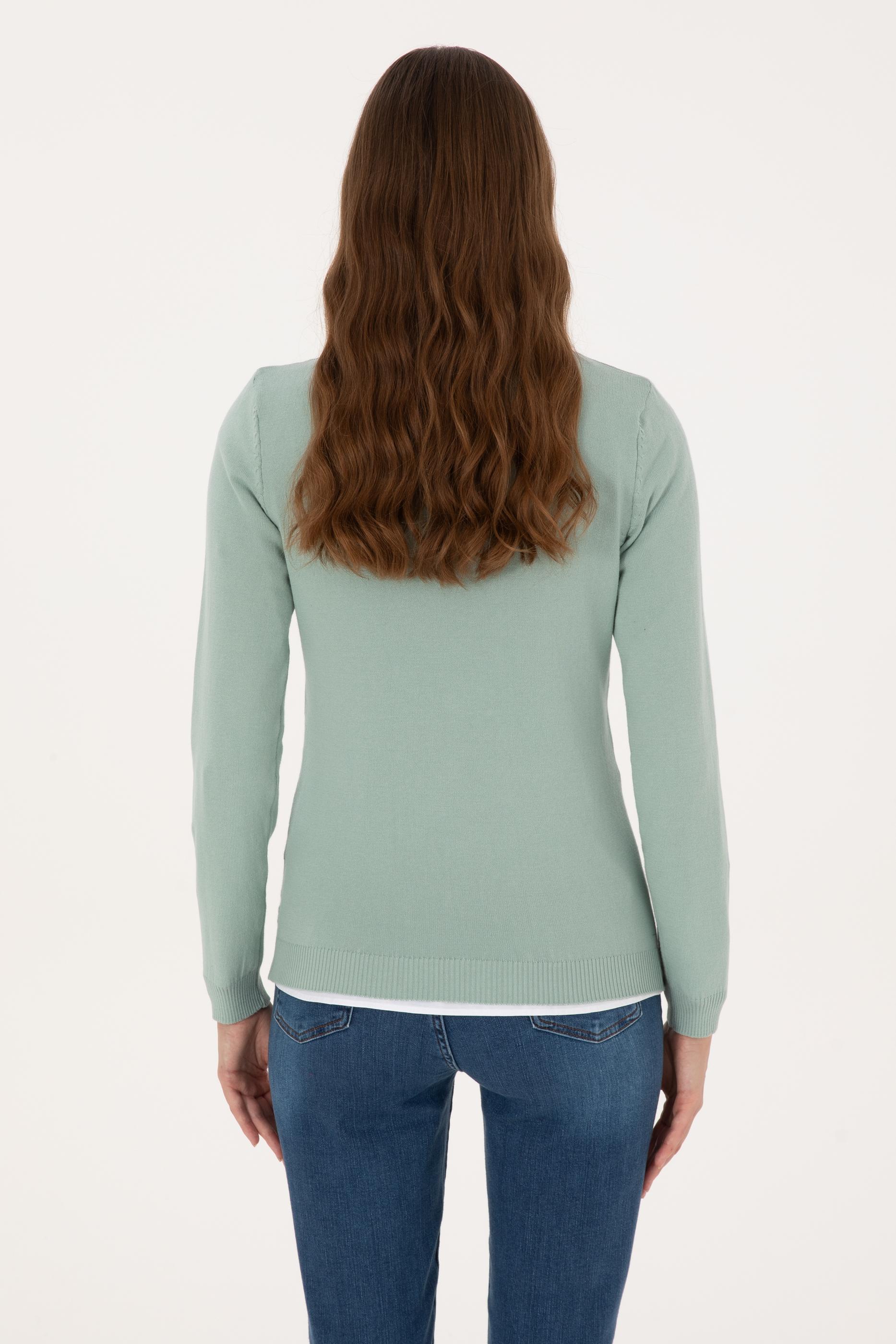 Kadın Yeşil Melanj V Yaka Basic Kazak