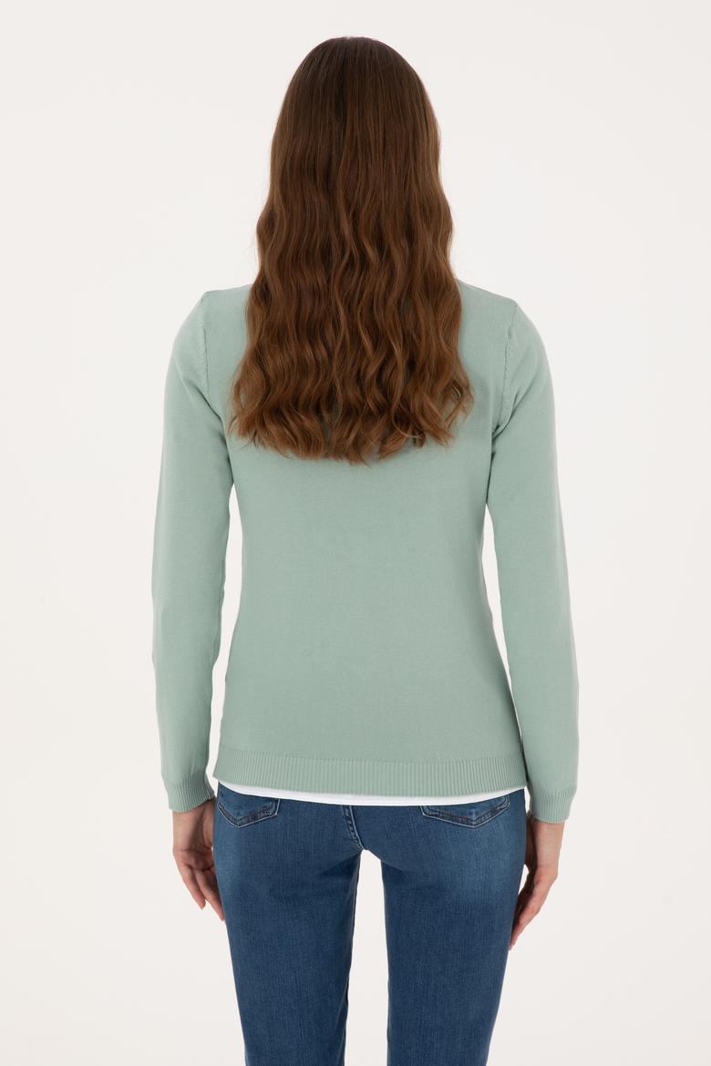 Kadın Yeşil Melanj V Yaka Basic Kazak - 50313590039