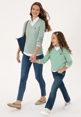 Kadın Yeşil Melanj V Yaka Basic Kazak - 50313590039