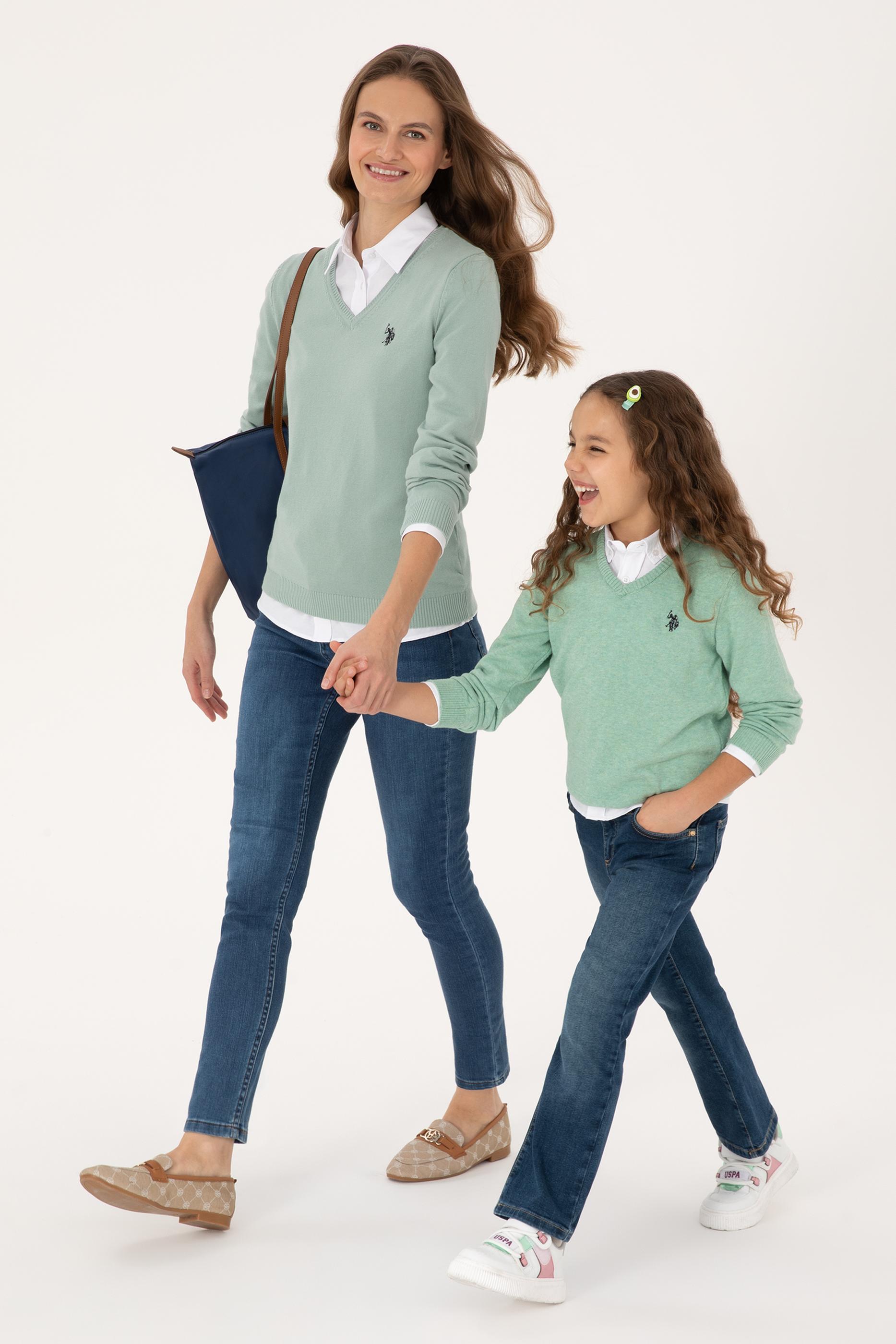 Kadın Yeşil Melanj V Yaka Basic Kazak