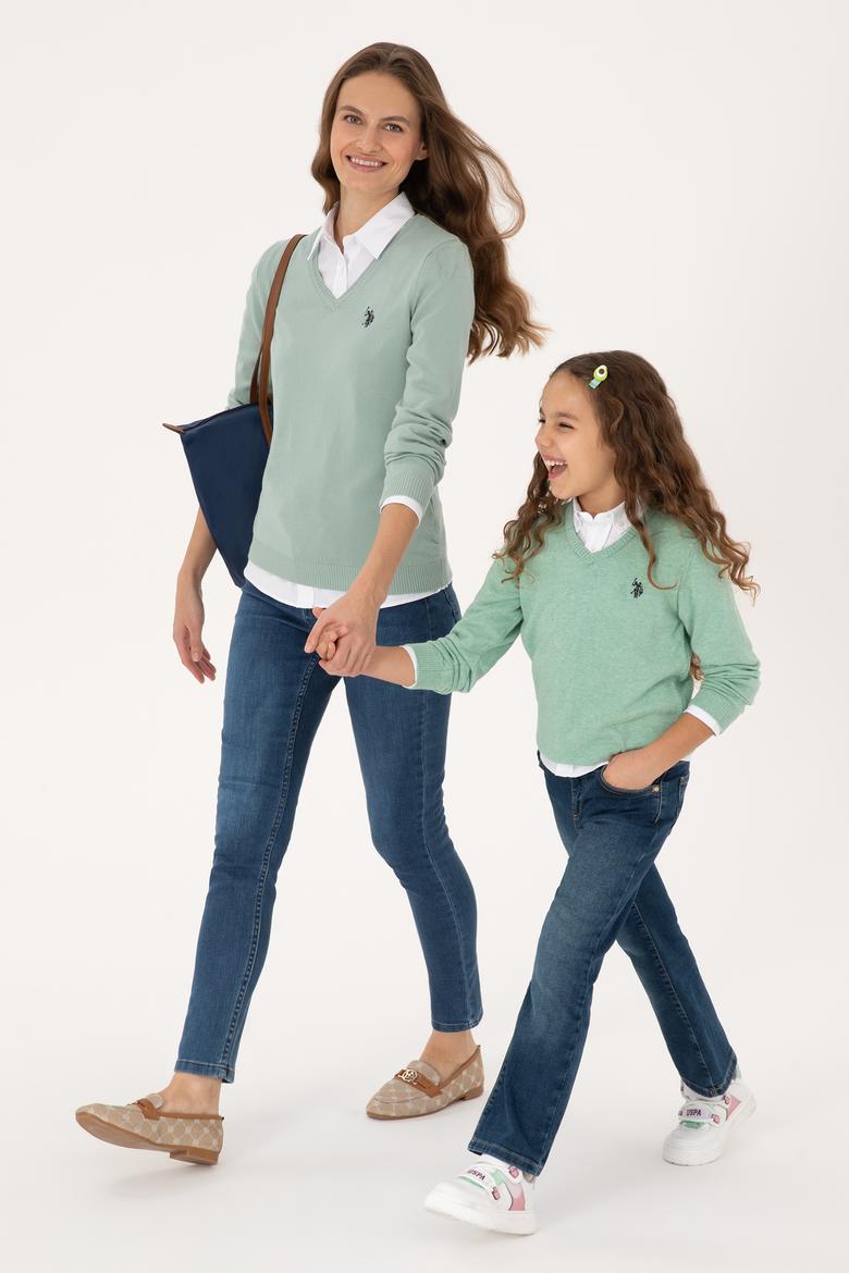 Kadın Yeşil Melanj V Yaka Basic Kazak