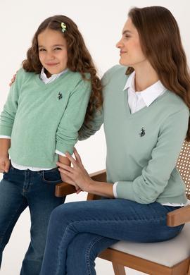 Kadın Yeşil Melanj V Yaka Basic Kazak - 50313590039