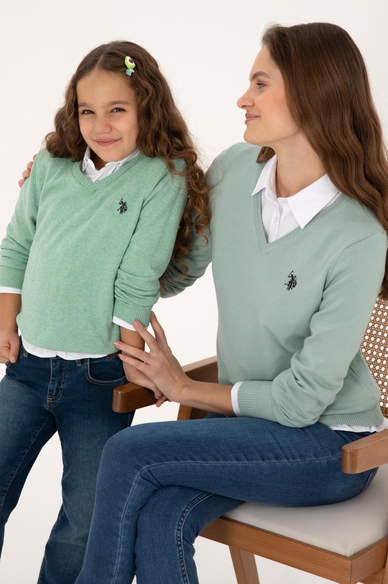 Kadın Yeşil Melanj V Yaka Basic Kazak