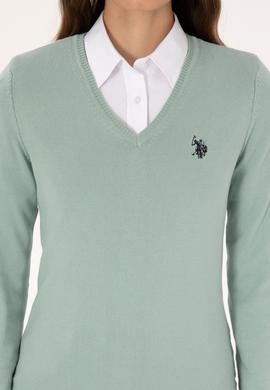 Kadın Yeşil Melanj V Yaka Basic Kazak - 50313590039