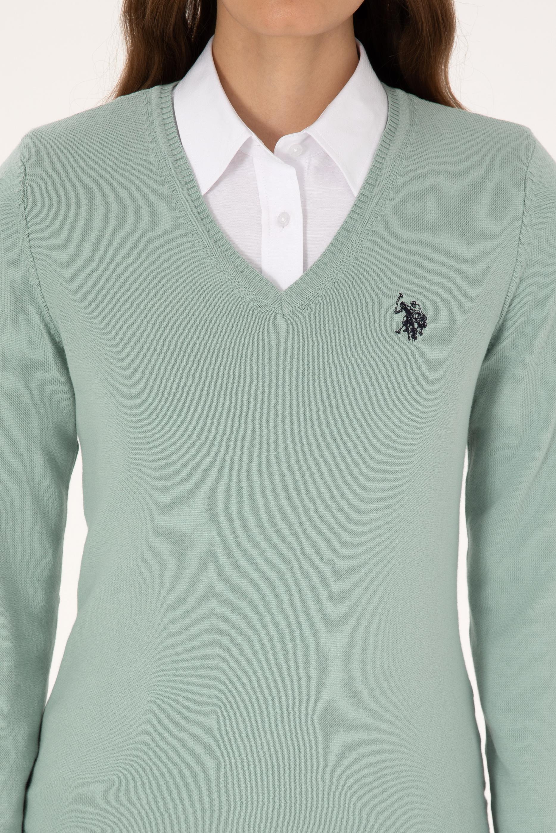 Kadın Yeşil Melanj V Yaka Basic Kazak