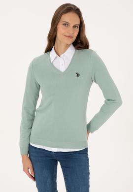 Kadın Yeşil Melanj V Yaka Basic Kazak - 50313590039