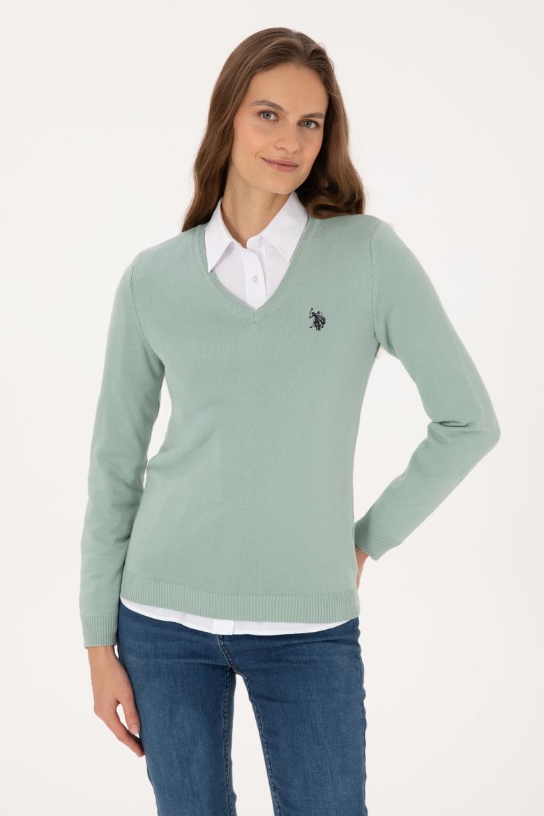 Kadın Yeşil Melanj V Yaka Basic Kazak - 50313590039