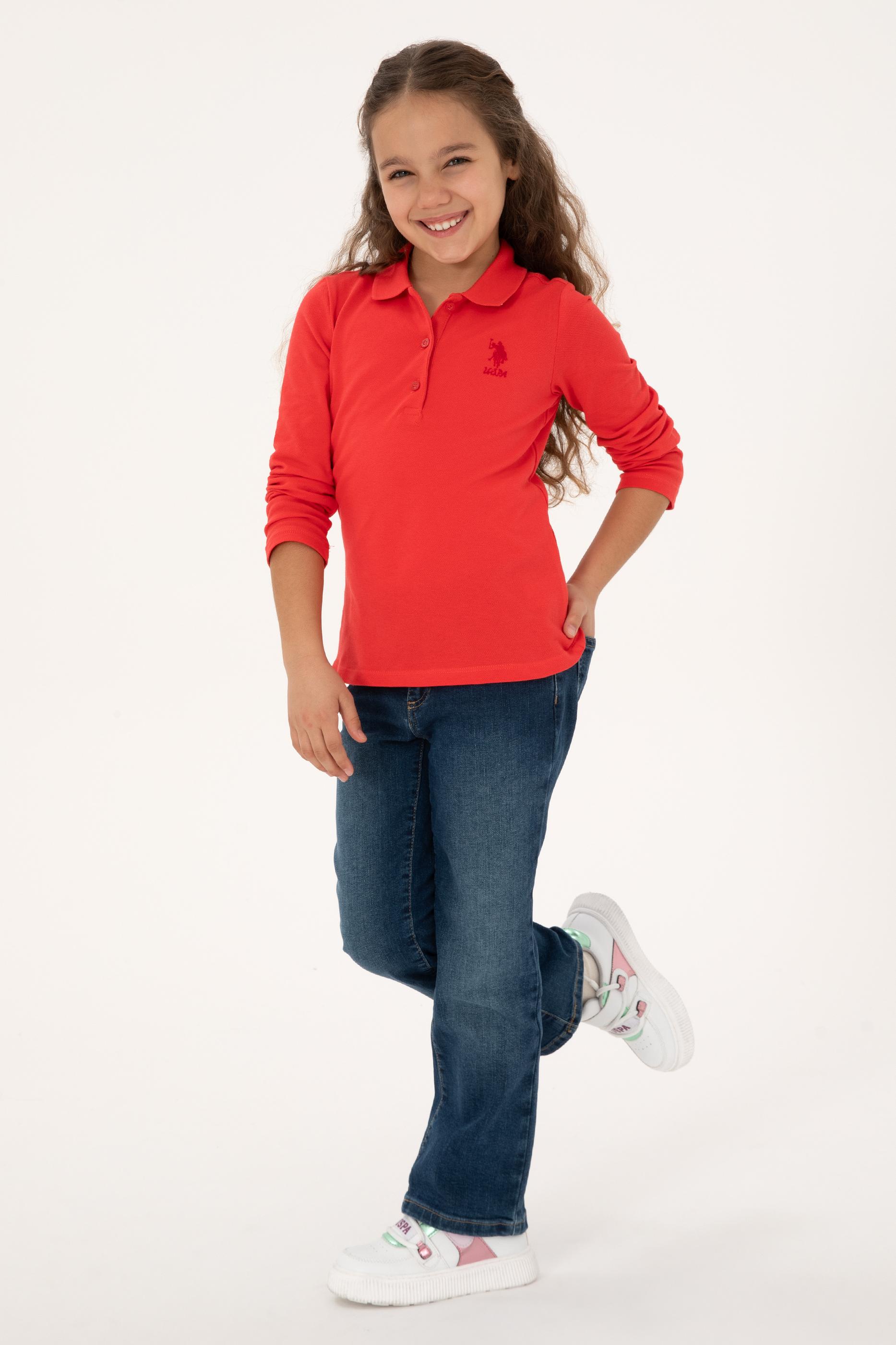 Kız Çocuk Kırmızı Polo Yaka Basic Sweatshirt