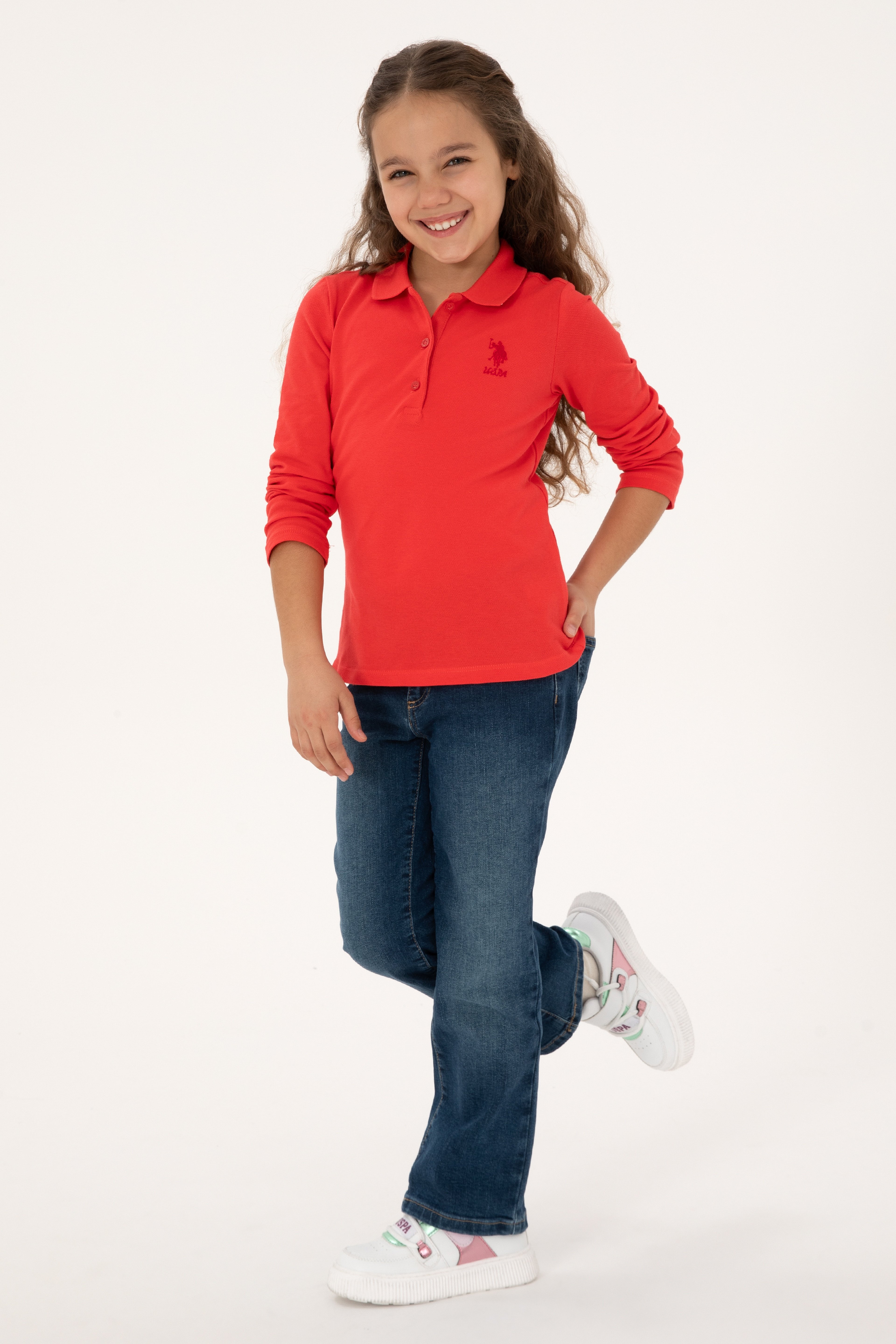 Kız Çocuk Kırmızı Polo Yaka Basic Sweatshirt - Image 4