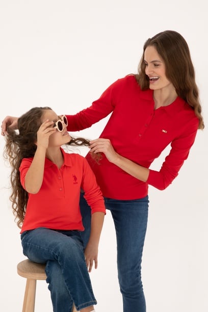 Kız Çocuk Kırmızı Polo Yaka Basic Sweatshirt