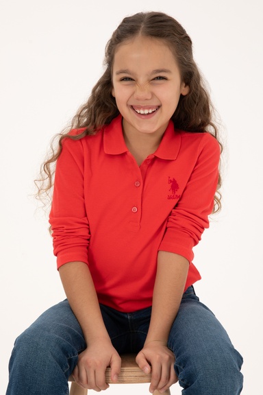 Kız Çocuk Kırmızı Polo Yaka Basic Sweatshirt