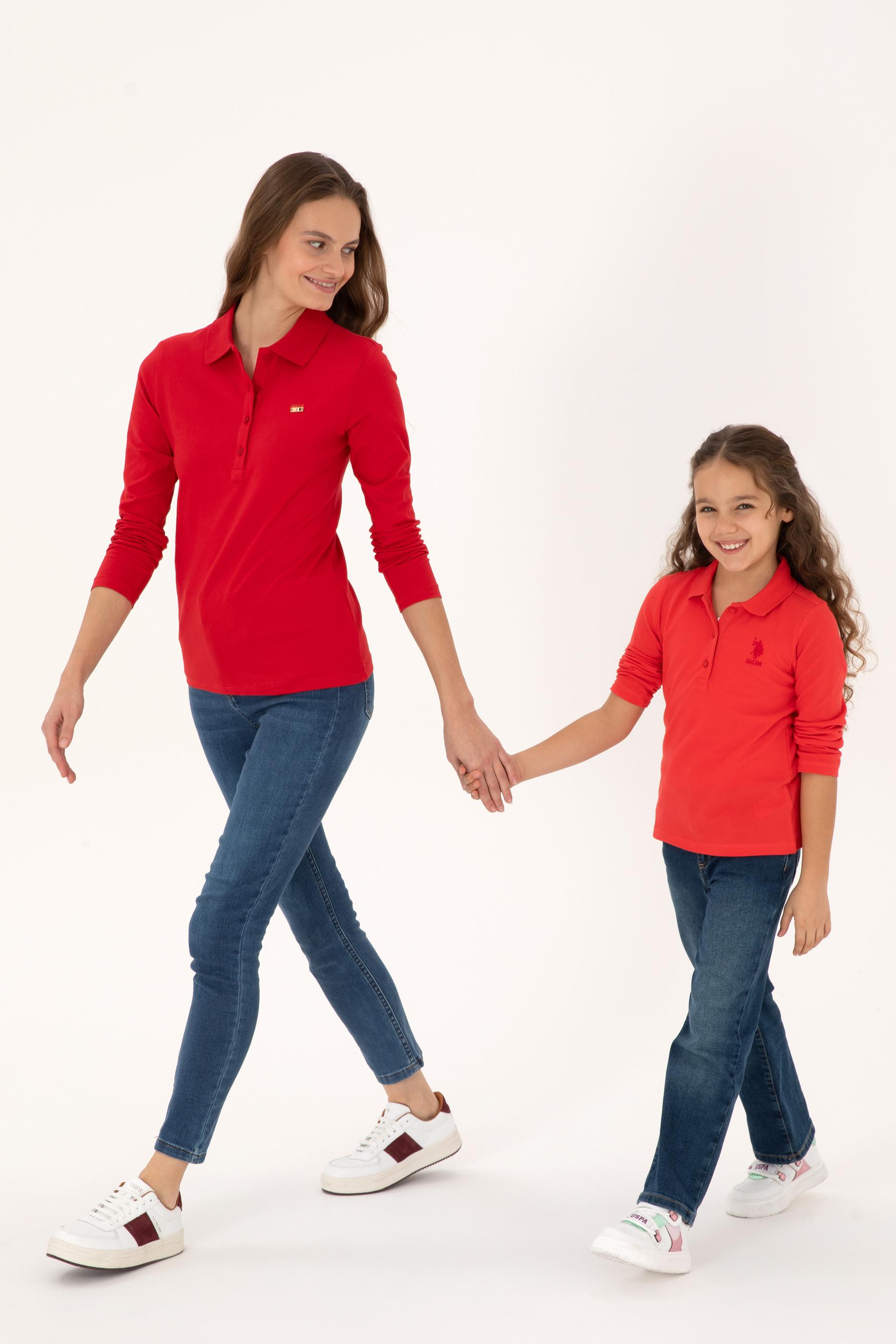 Kız Çocuk Kırmızı Polo Yaka Basic Sweatshirt