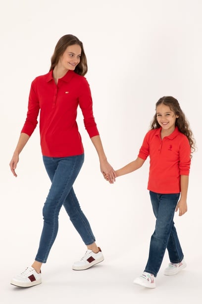 Kız Çocuk Kırmızı Polo Yaka Basic Sweatshirt