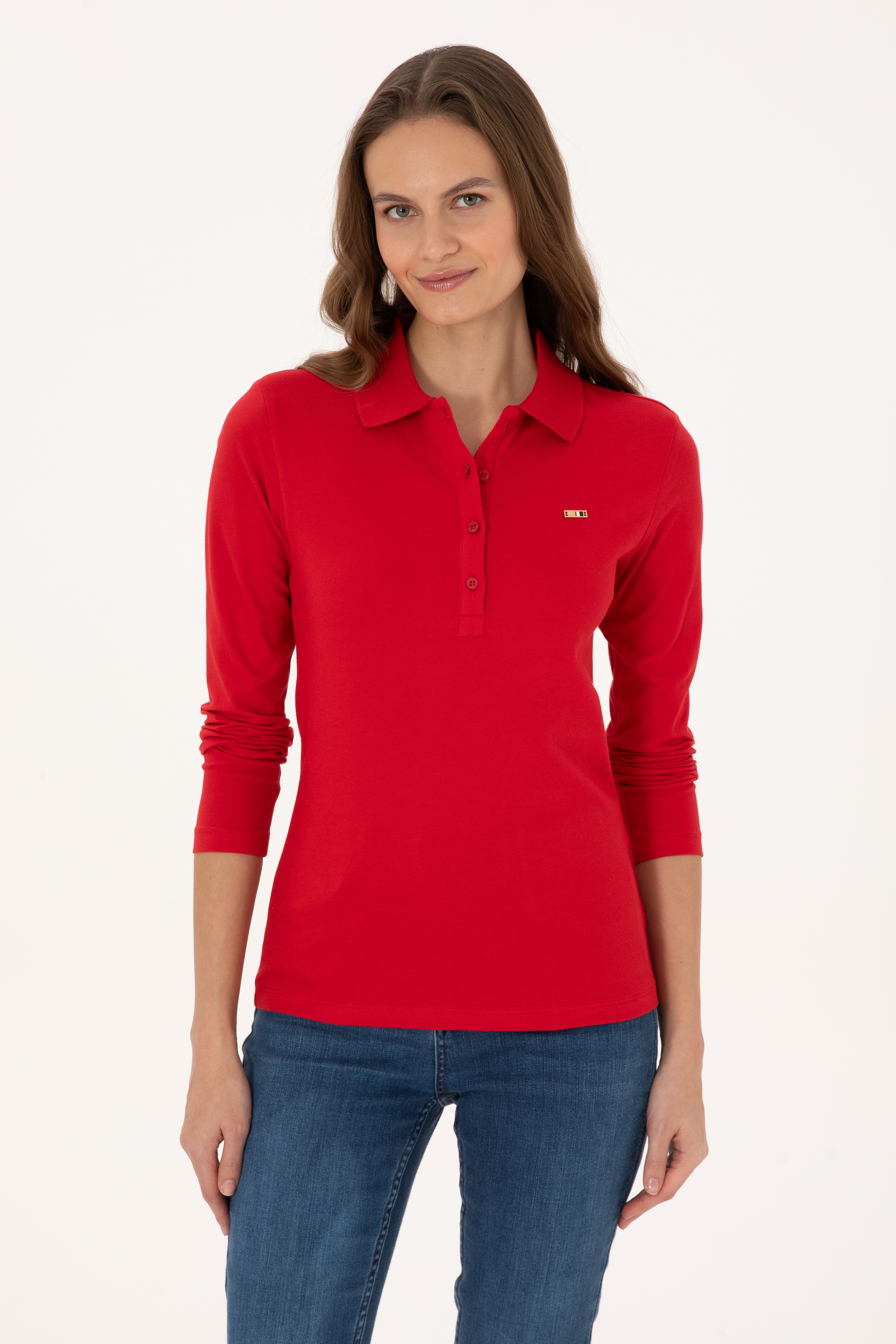 Kadın Kırmızı Basic Polo Yaka Sweatshırt - Image 3