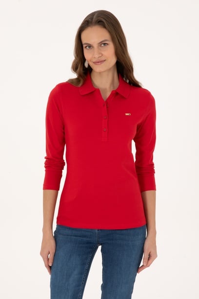 Kadın Kırmızı Basic Polo Yaka Sweatshırt