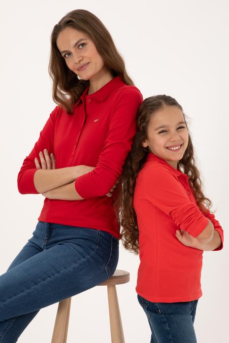 Kadın Kırmızı Basic Polo Yaka Sweatshırt