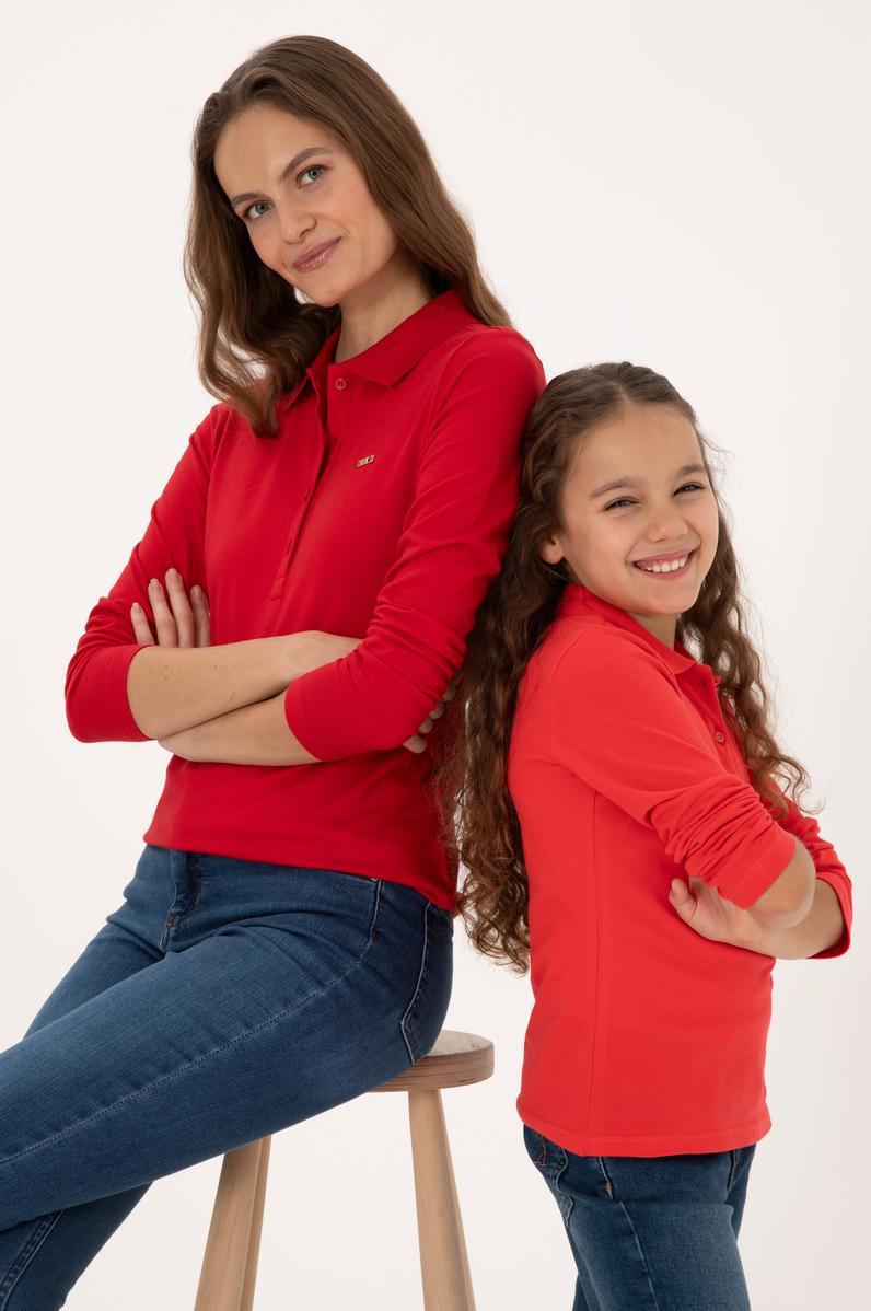 Kadın Kırmızı Basic Polo Yaka Sweatshırt