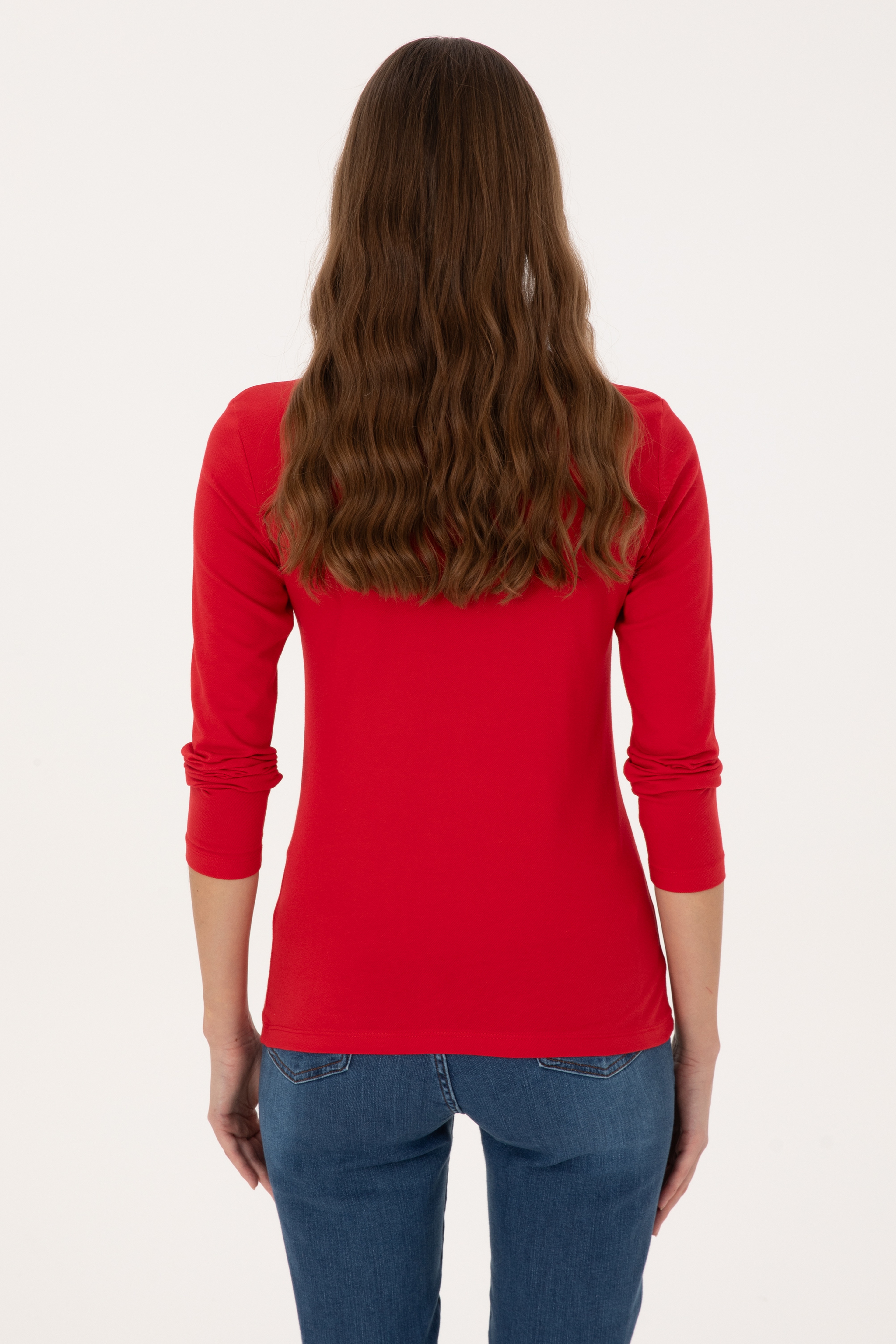 Kadın Kırmızı Basic Polo Yaka Sweatshırt - Image 5