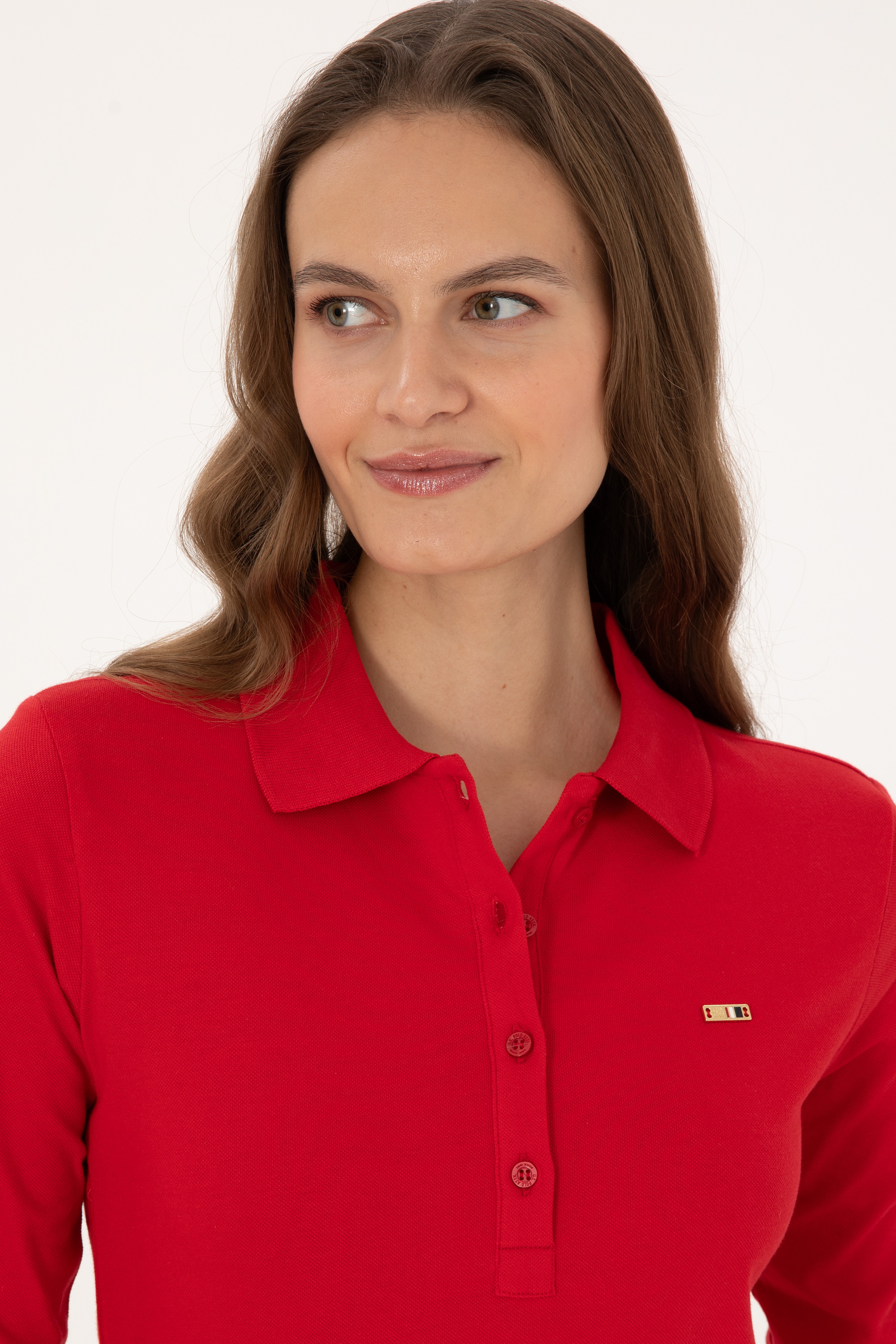 Kadın Kırmızı Basic Polo Yaka Sweatshırt - Image 4