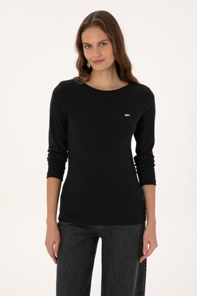 Kadın Siyah Slim Bisiklet Yaka Basic Sweatshırt