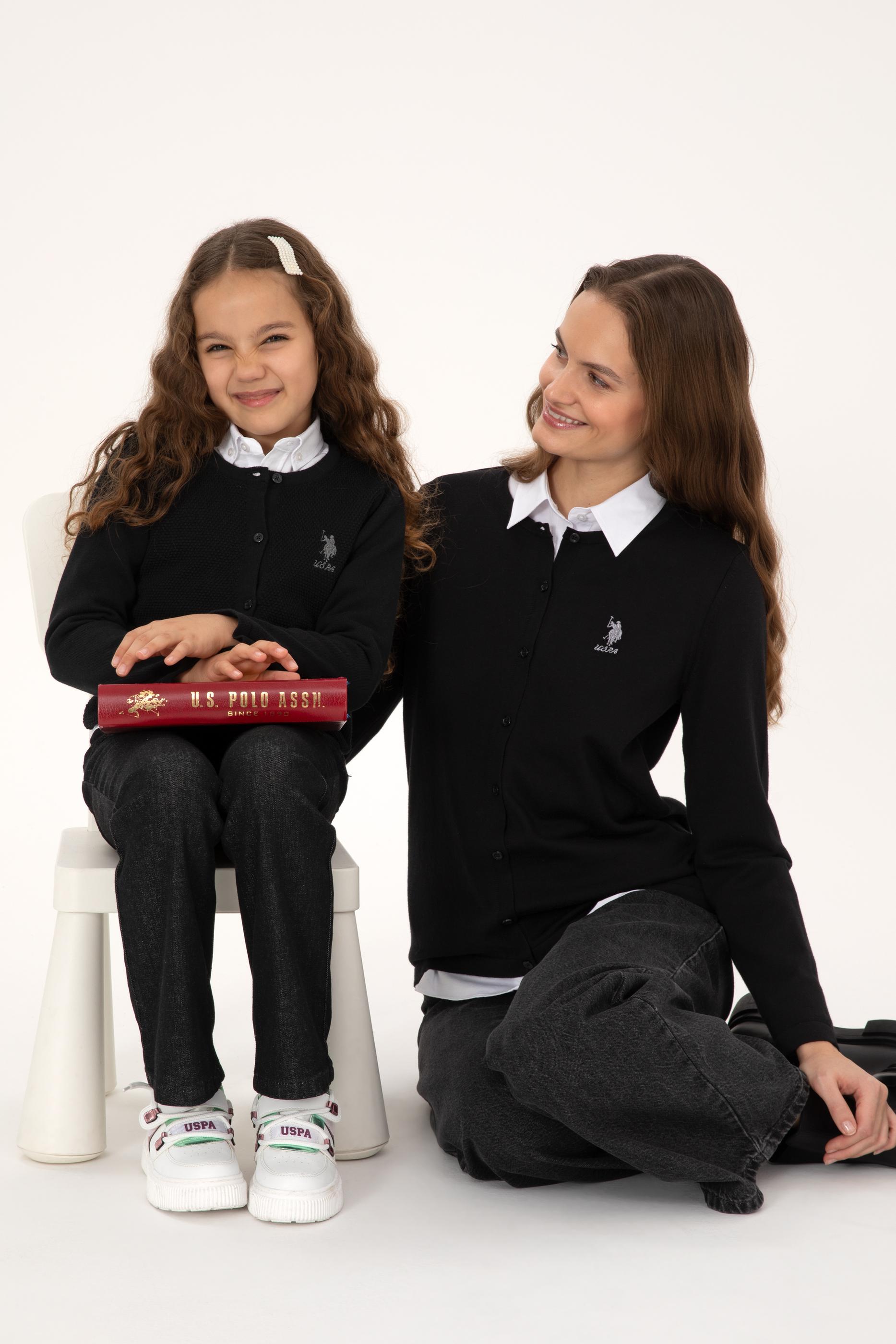 Kız Çocuk Siyah Düğmeli Bisiklet Yaka Triko Hırka